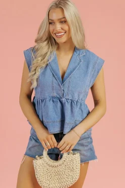 Hot Dear-Lover Lapel Denim Babydoll Top Dusk Blue
