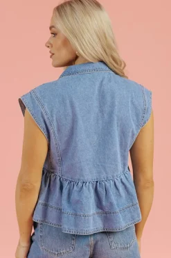 Hot Dear-Lover Lapel Denim Babydoll Top Dusk Blue