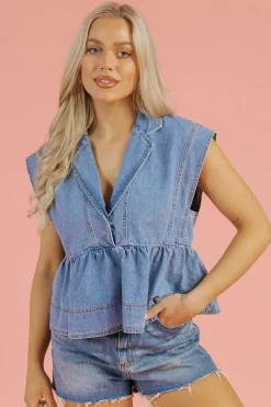 Hot Dear-Lover Lapel Denim Babydoll Top Dusk Blue