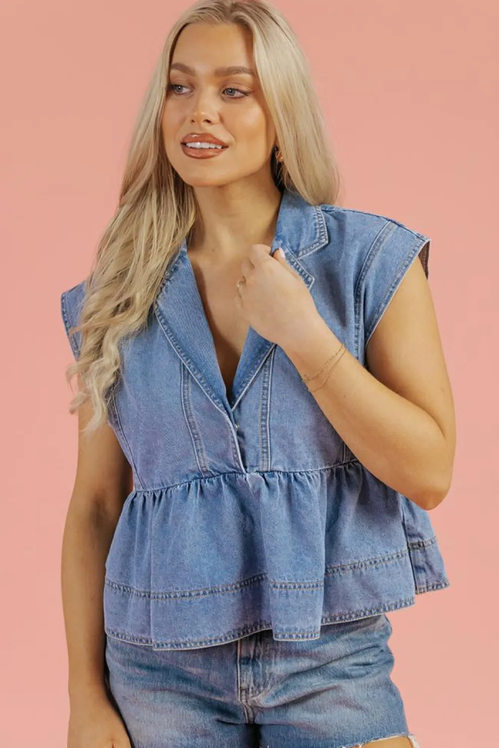 Hot Dear-Lover Lapel Denim Babydoll Top Dusk Blue