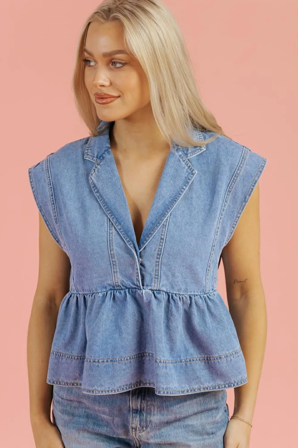 Hot Dear-Lover Lapel Denim Babydoll Top Dusk Blue
