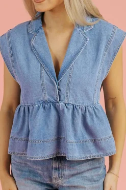 Hot Dear-Lover Lapel Denim Babydoll Top Dusk Blue