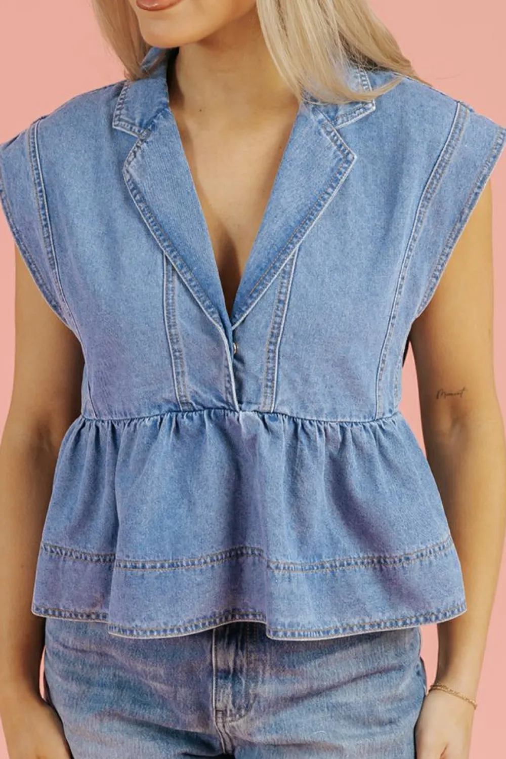 Hot Dear-Lover Lapel Denim Babydoll Top Dusk Blue