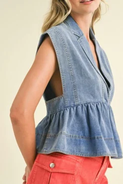 Hot Dear-Lover Lapel Denim Babydoll Top Dusk Blue
