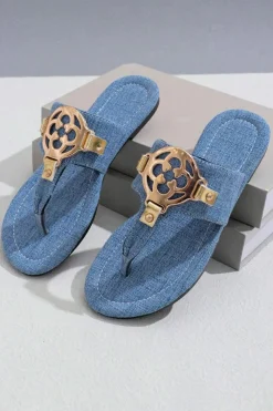 Best Dear-Lover Metal Decor Leather Thong Slippers Dusk Blue