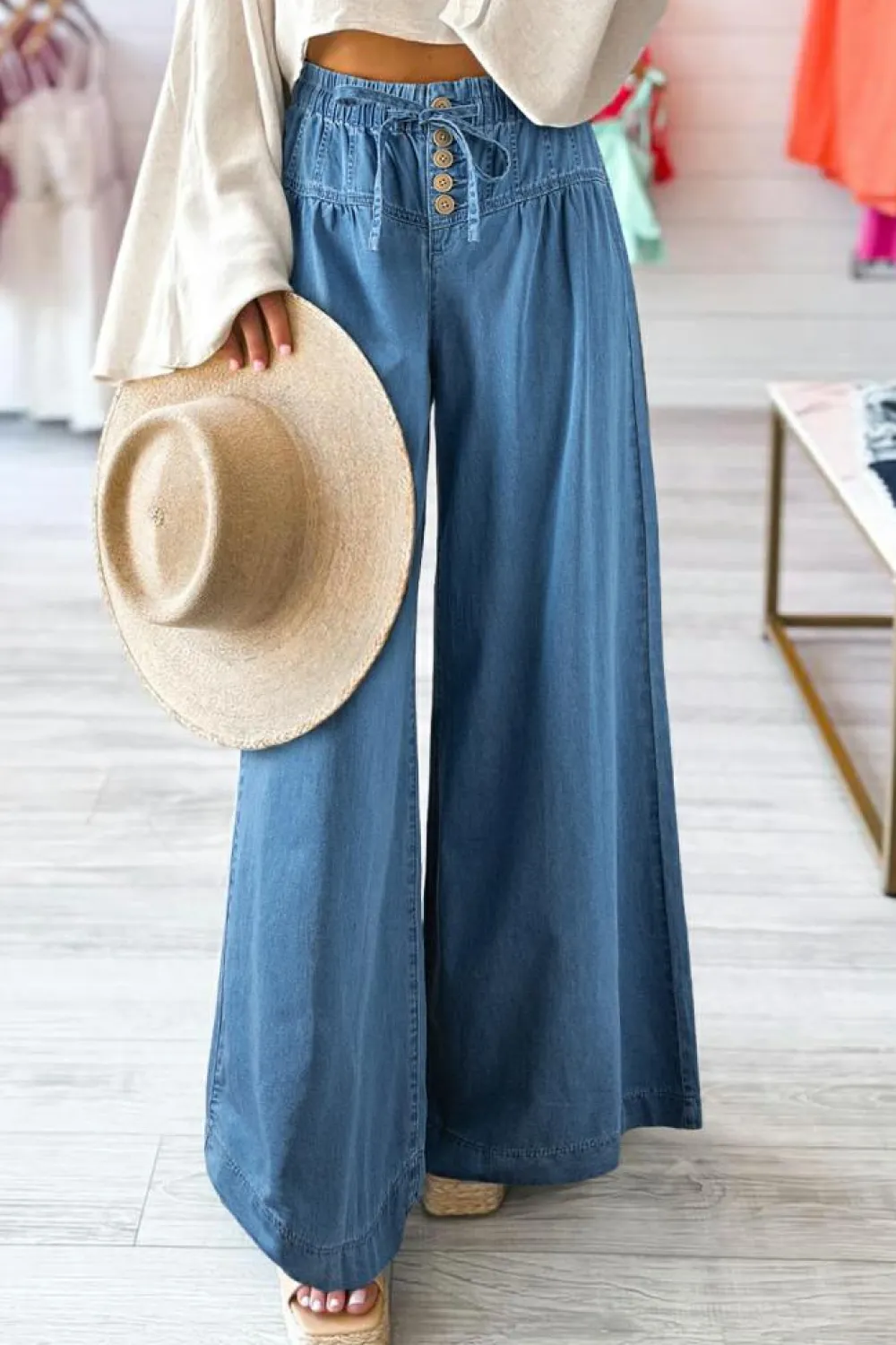Online Dear-Lover Mineral Wash Button Fly Waist Wide Leg Jeans Dusk Blue