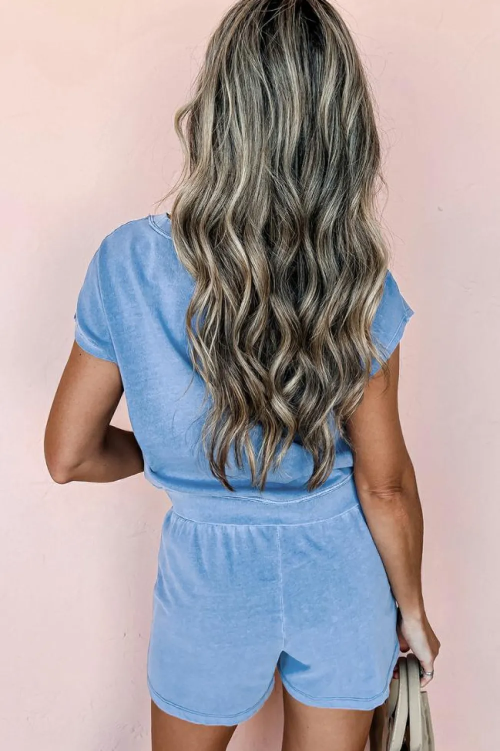Clearance Dear-Lover Mineral Wash Tee and Drawstring Shorts Set Dusk Blue