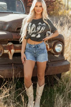 Clearance Dear-Lover Pearl Beaded Raw Hem Medium Wash Denim Shorts Dusk Blue