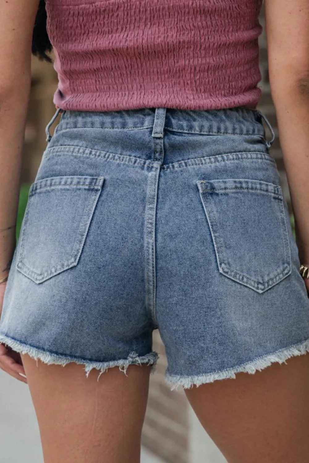 Clearance Dear-Lover Pearl Beaded Raw Hem Medium Wash Denim Shorts Dusk Blue