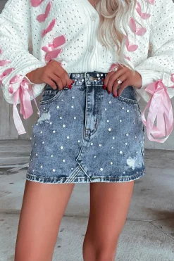 Online Dear-Lover Rhinestone Distressed Denim High Waist Mini Skirt Dusk Blue