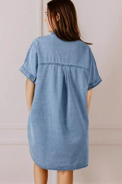 Discount Dear-Lover Short Sleeve Pocketed Button up Denim Tunic Dress Dusk Blue