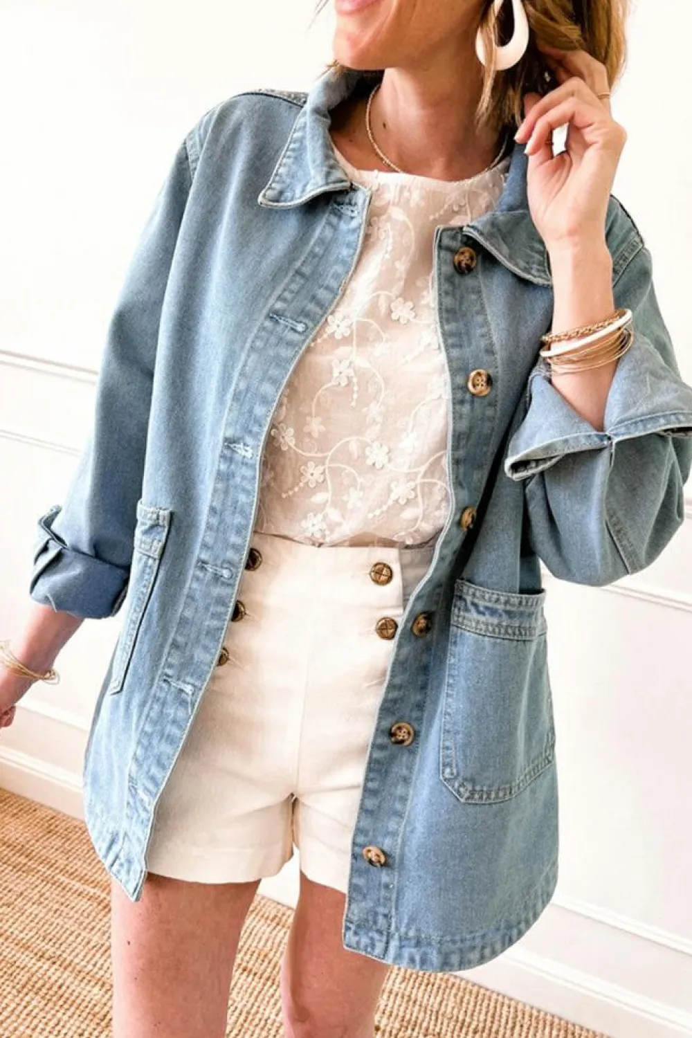 Fashion Dear-Lover Slit Buttons Pocketed Denim Jacket Dusk Blue