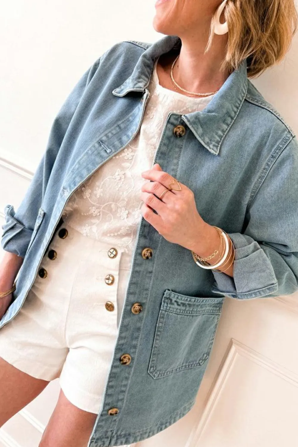 Fashion Dear-Lover Slit Buttons Pocketed Denim Jacket Dusk Blue