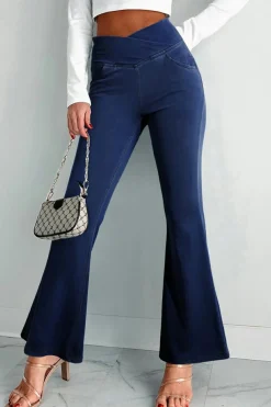 Clearance Dear-Lover Solid Crossed Waist High Elastic Fit Flare Knit Jeans Dusk Blue