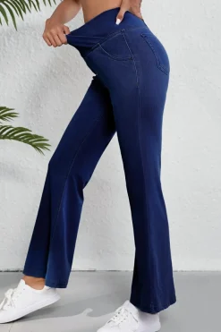 Clearance Dear-Lover Solid Crossed Waist High Elastic Fit Flare Knit Jeans Dusk Blue