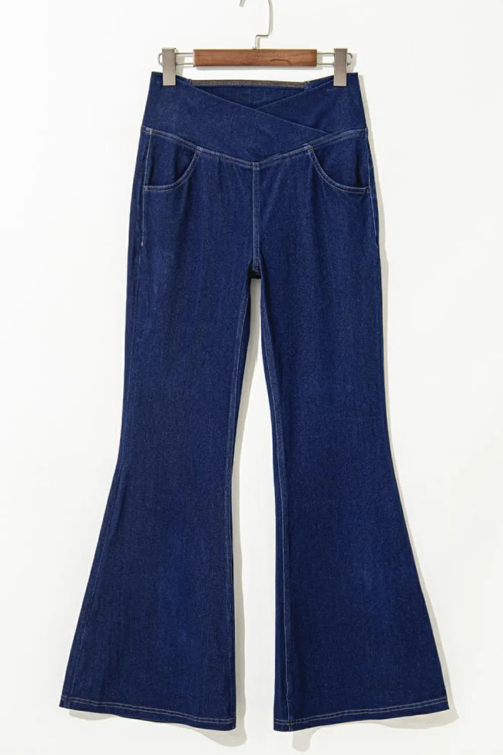 Clearance Dear-Lover Solid Crossed Waist High Elastic Fit Flare Knit Jeans Dusk Blue