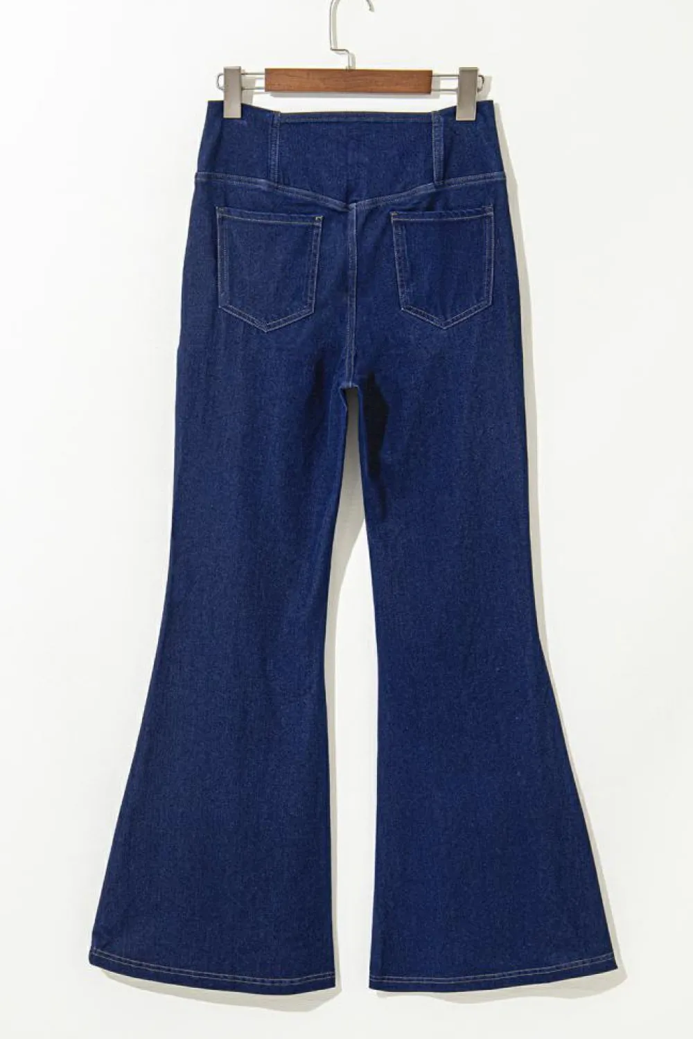 Clearance Dear-Lover Solid Crossed Waist High Elastic Fit Flare Knit Jeans Dusk Blue