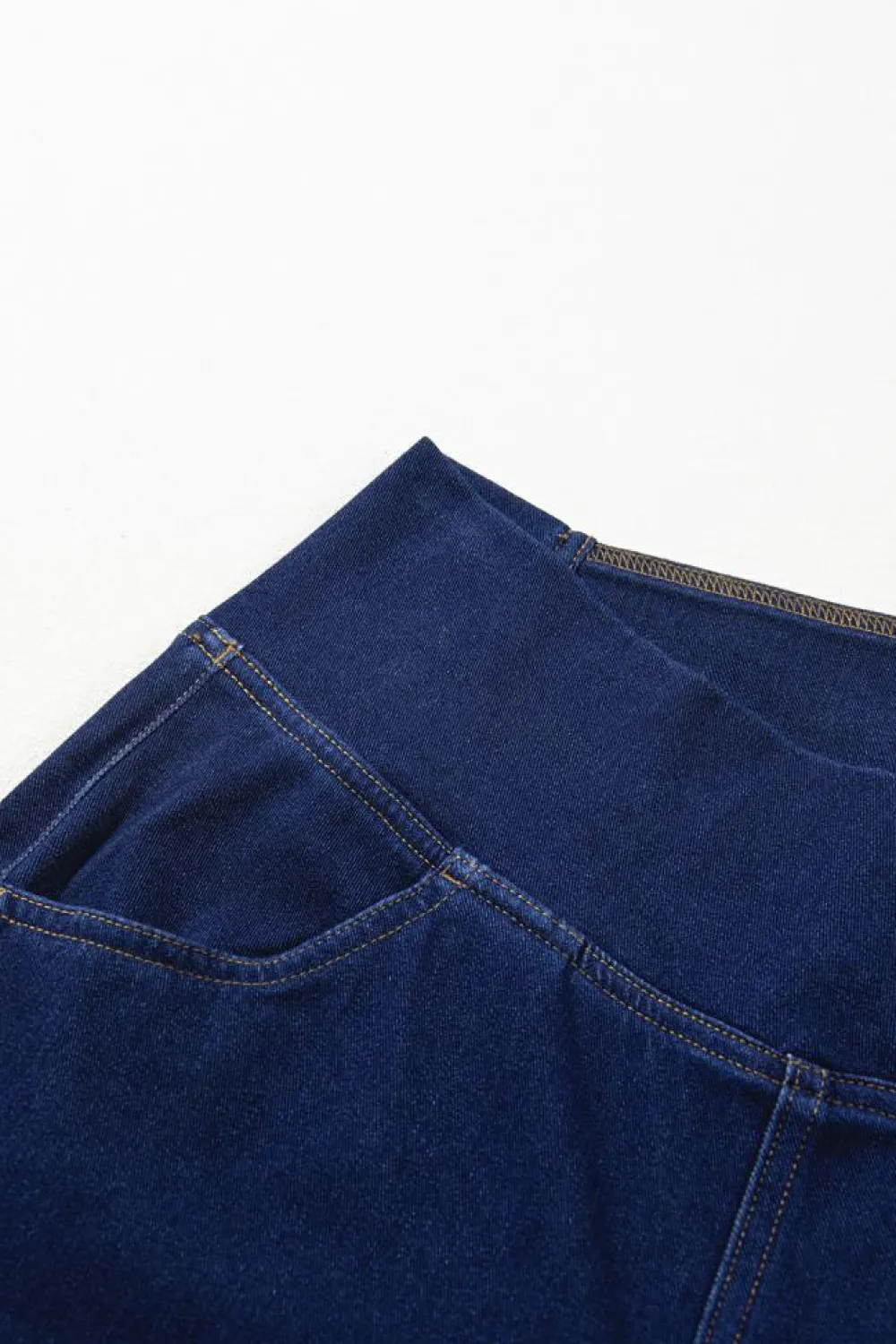 Clearance Dear-Lover Solid Crossed Waist High Elastic Fit Flare Knit Jeans Dusk Blue