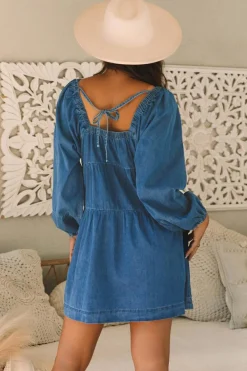 Sale Dear-Lover Square Neck Side Pockets Loose Fit Denim Mini Dress Dusk Blue