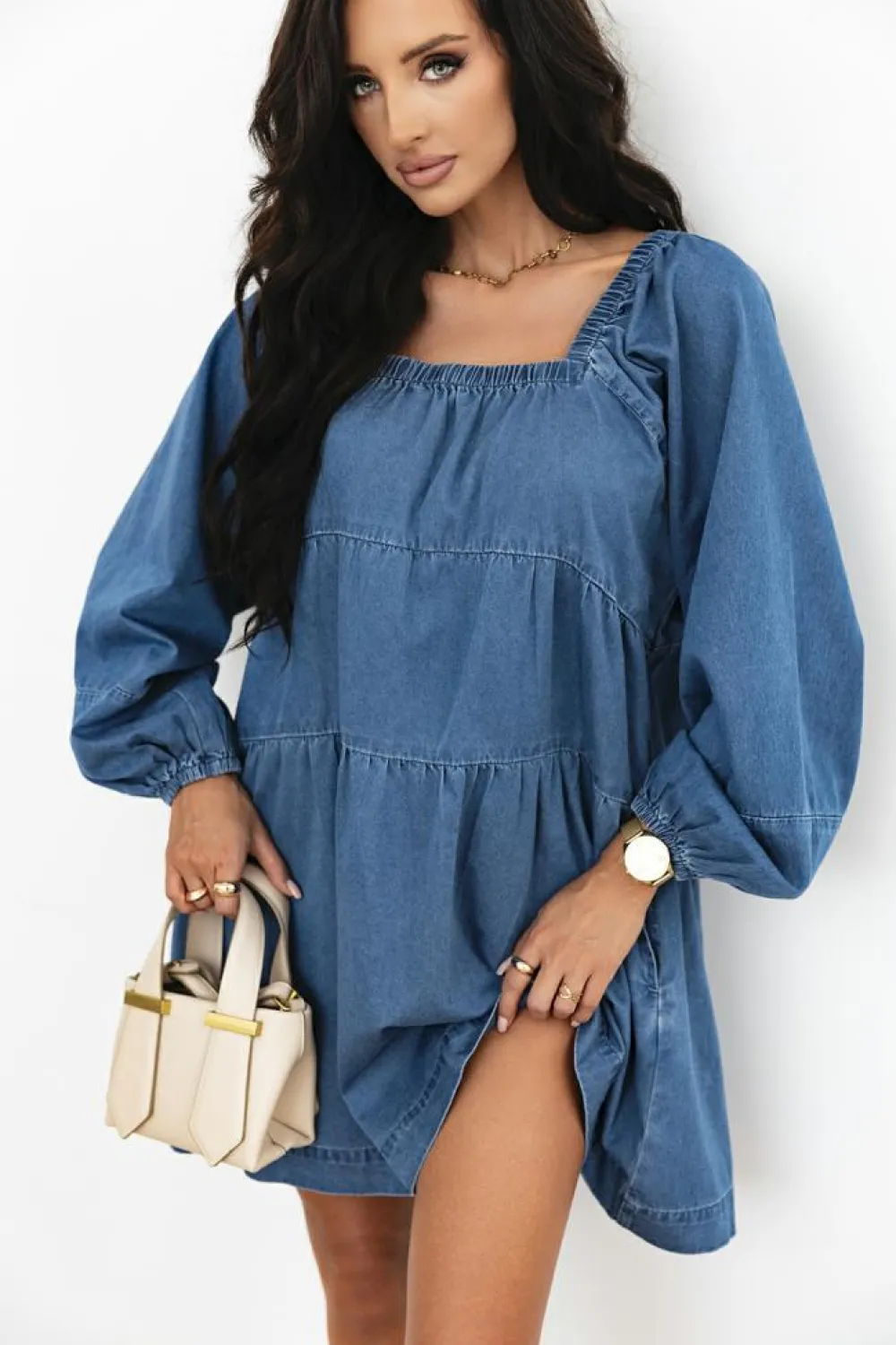 Sale Dear-Lover Square Neck Side Pockets Loose Fit Denim Mini Dress Dusk Blue
