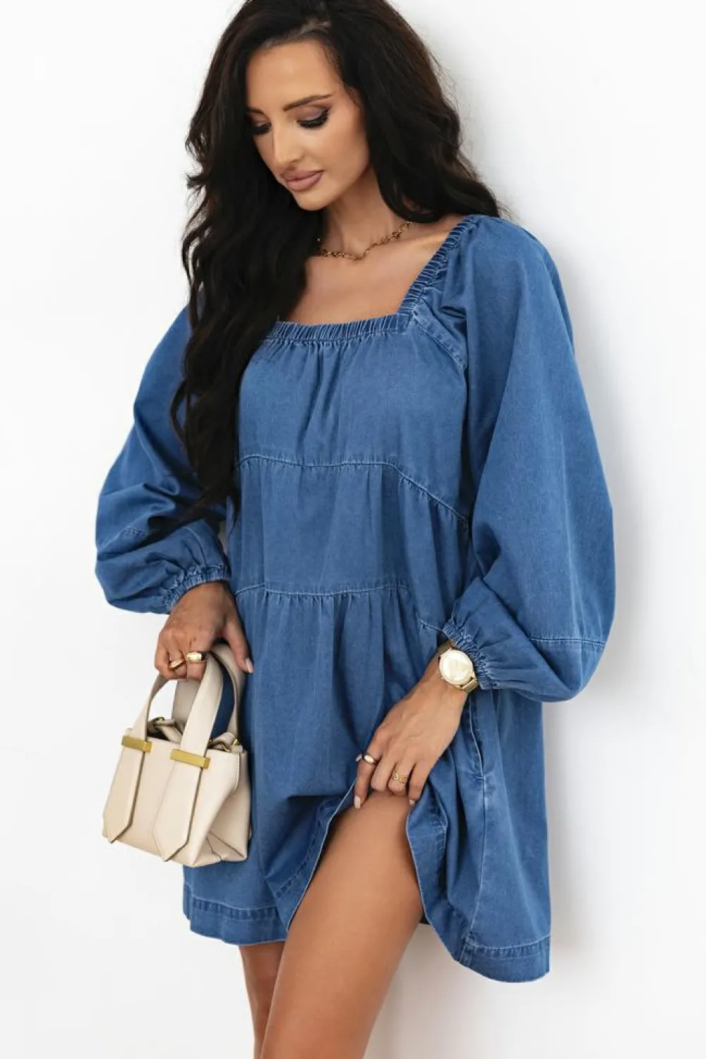 Sale Dear-Lover Square Neck Side Pockets Loose Fit Denim Mini Dress Dusk Blue
