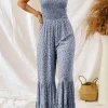 Fashion Dear-Lover Thin Straps Smocked Bodice Wide Leg Floral Jumpsuit Dusk Blue