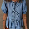 Sale Dear-Lover Tied Front Bubble Sleeve Peplum Denim Shirt Dusk Blue