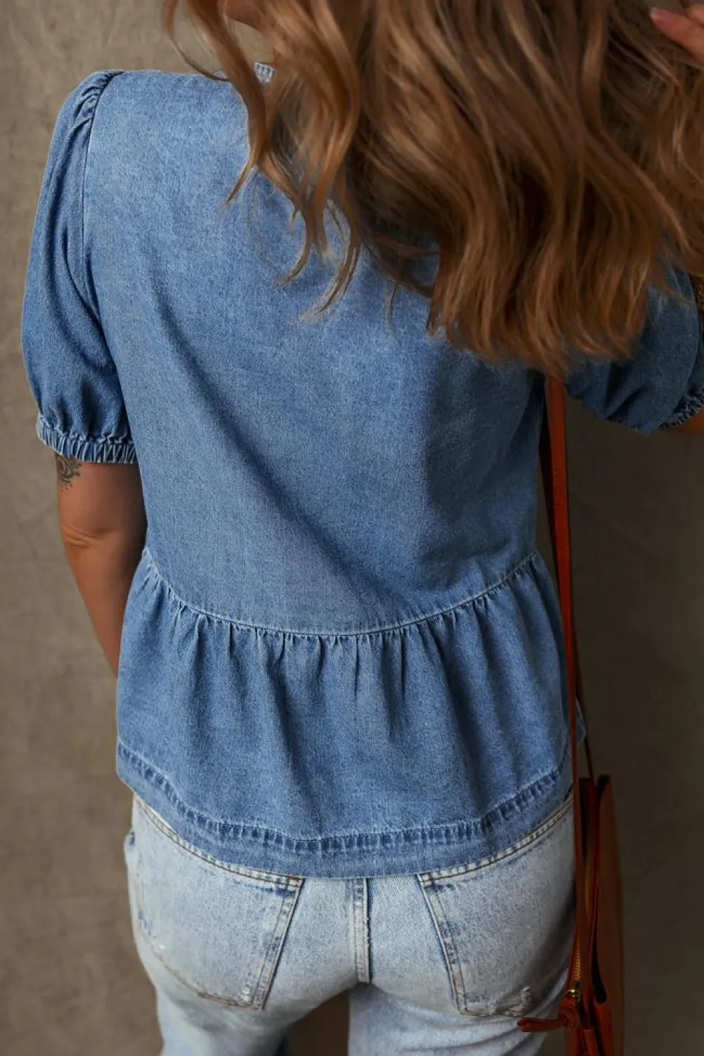 Sale Dear-Lover Tied Front Bubble Sleeve Peplum Denim Shirt Dusk Blue