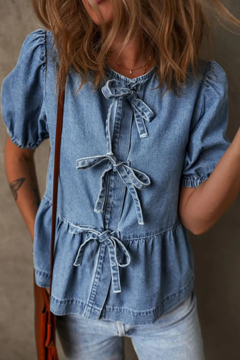 Sale Dear-Lover Tied Front Bubble Sleeve Peplum Denim Shirt Dusk Blue