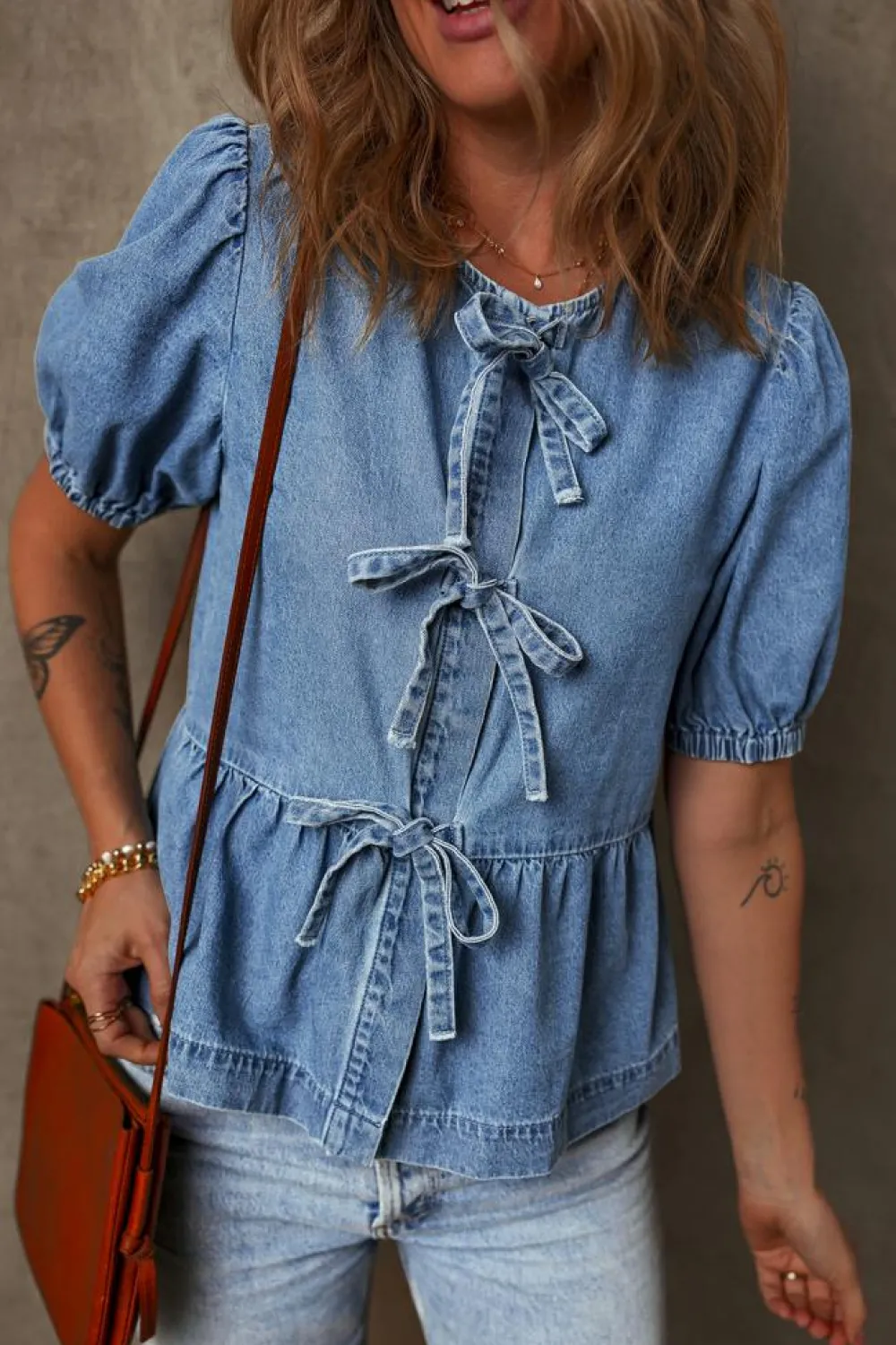 Sale Dear-Lover Tied Front Bubble Sleeve Peplum Denim Shirt Dusk Blue