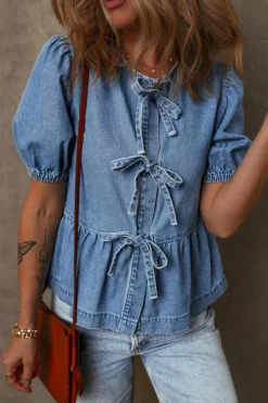 Sale Dear-Lover Tied Front Bubble Sleeve Peplum Denim Shirt Dusk Blue