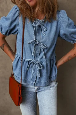 Sale Dear-Lover Tied Front Bubble Sleeve Peplum Denim Shirt Dusk Blue