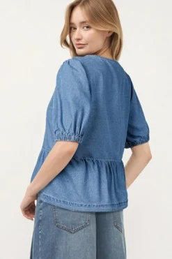 Sale Dear-Lover Tied Front Bubble Sleeve Peplum Denim Shirt Dusk Blue