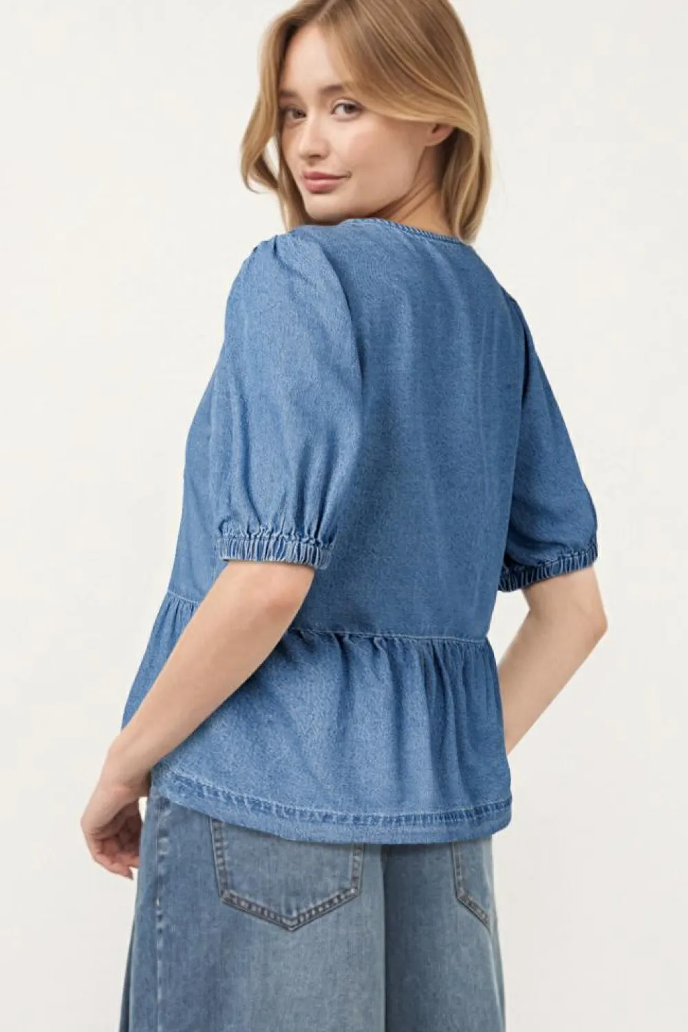 Sale Dear-Lover Tied Front Bubble Sleeve Peplum Denim Shirt Dusk Blue