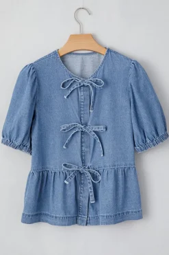 Sale Dear-Lover Tied Front Bubble Sleeve Peplum Denim Shirt Dusk Blue