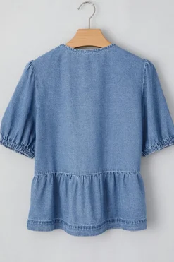Sale Dear-Lover Tied Front Bubble Sleeve Peplum Denim Shirt Dusk Blue