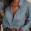 Best Dear-Lover Turn-down Collar Chambray Shirt Dusk Blue