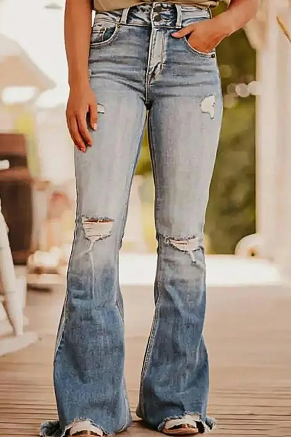 Sale Dear-Lover Vintage Light Wash Ripped Raw Edge Flare Jeans Dusk Blue