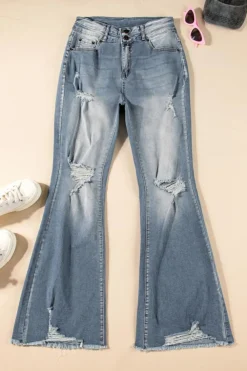 Sale Dear-Lover Vintage Light Wash Ripped Raw Edge Flare Jeans Dusk Blue