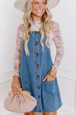 Outlet Dear-Lover Wide Strap Button Front Pocketed Denim Mini Dress Dusk Blue