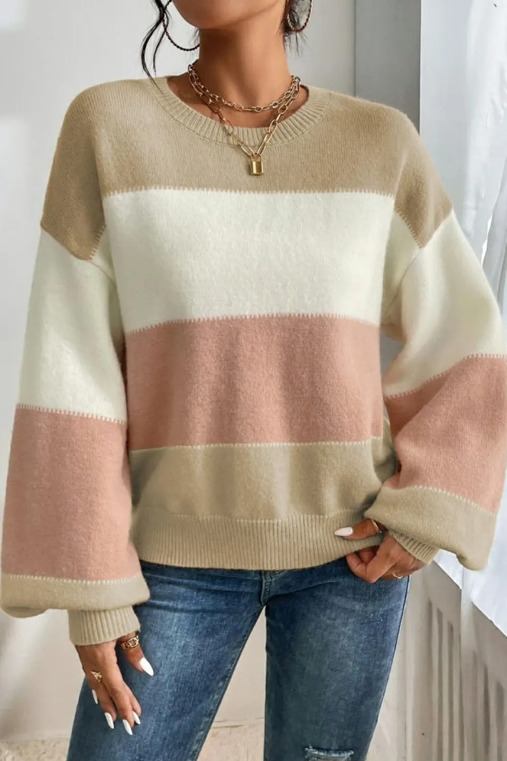 Outlet Dear-Lover Color Block Lantern Sleeve Drop Shoulder Sweater Dusty Pink