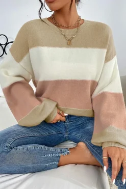 Outlet Dear-Lover Color Block Lantern Sleeve Drop Shoulder Sweater Dusty Pink