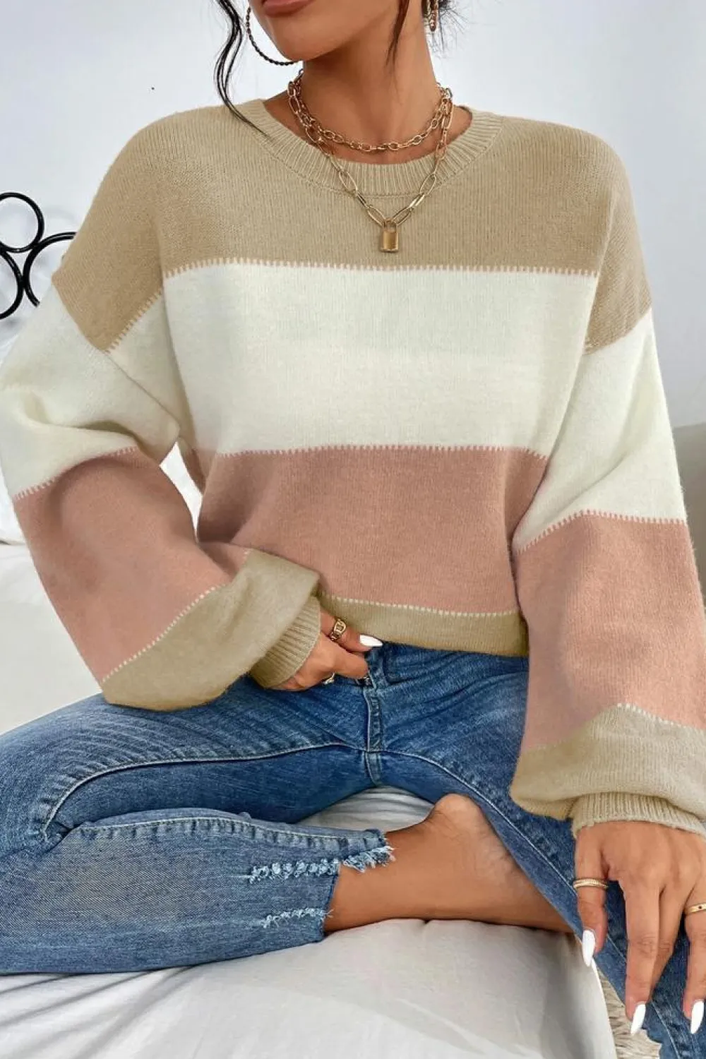Outlet Dear-Lover Color Block Lantern Sleeve Drop Shoulder Sweater Dusty Pink