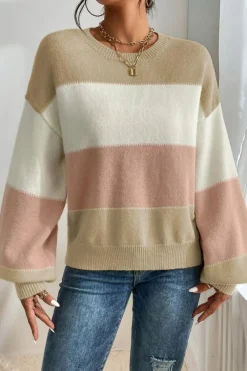 Outlet Dear-Lover Color Block Lantern Sleeve Drop Shoulder Sweater Dusty Pink