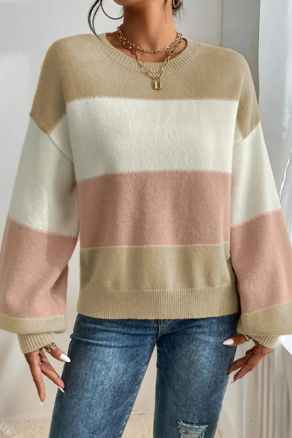 Outlet Dear-Lover Color Block Lantern Sleeve Drop Shoulder Sweater Dusty Pink