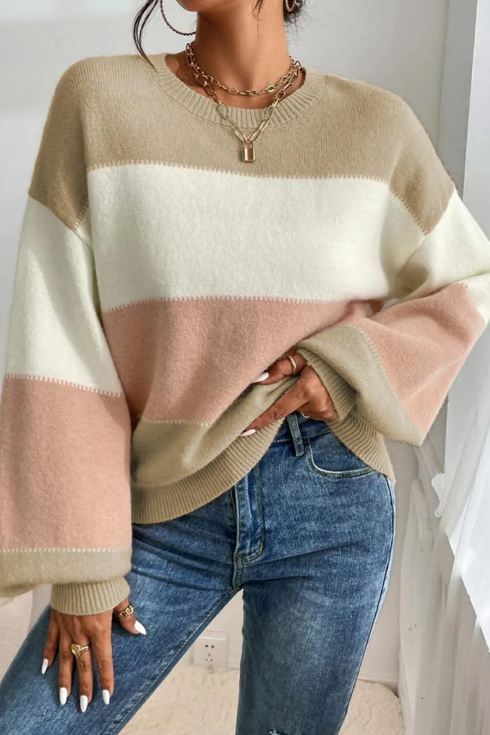 Outlet Dear-Lover Color Block Lantern Sleeve Drop Shoulder Sweater Dusty Pink