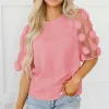 Fashion Dear-Lover Contrast Applique Mesh Half Sleeve Blouse Dusty Pink