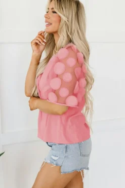 Fashion Dear-Lover Contrast Applique Mesh Half Sleeve Blouse Dusty Pink