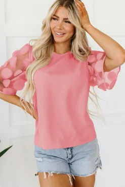 Fashion Dear-Lover Contrast Applique Mesh Half Sleeve Blouse Dusty Pink