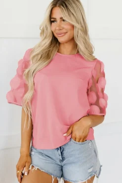 Fashion Dear-Lover Contrast Applique Mesh Half Sleeve Blouse Dusty Pink